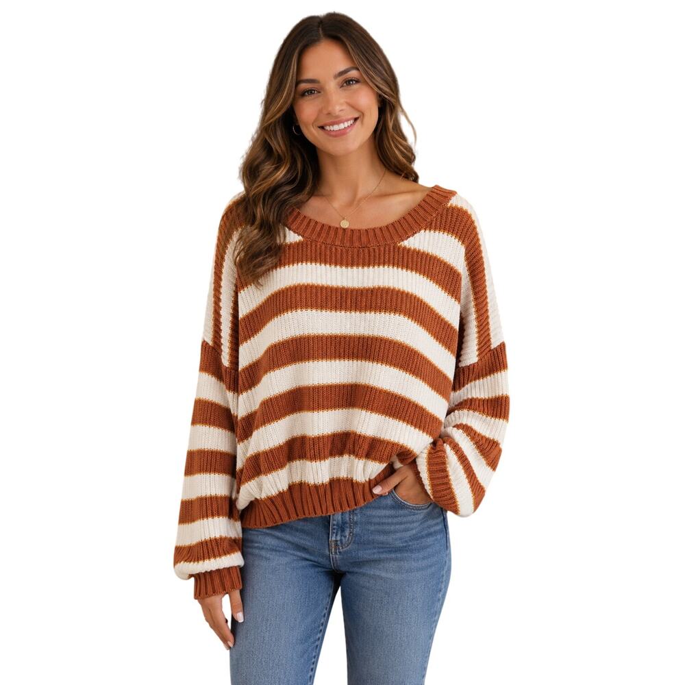 Blank paige sweater white slub knit fall color burnt orange striped chunk knit M